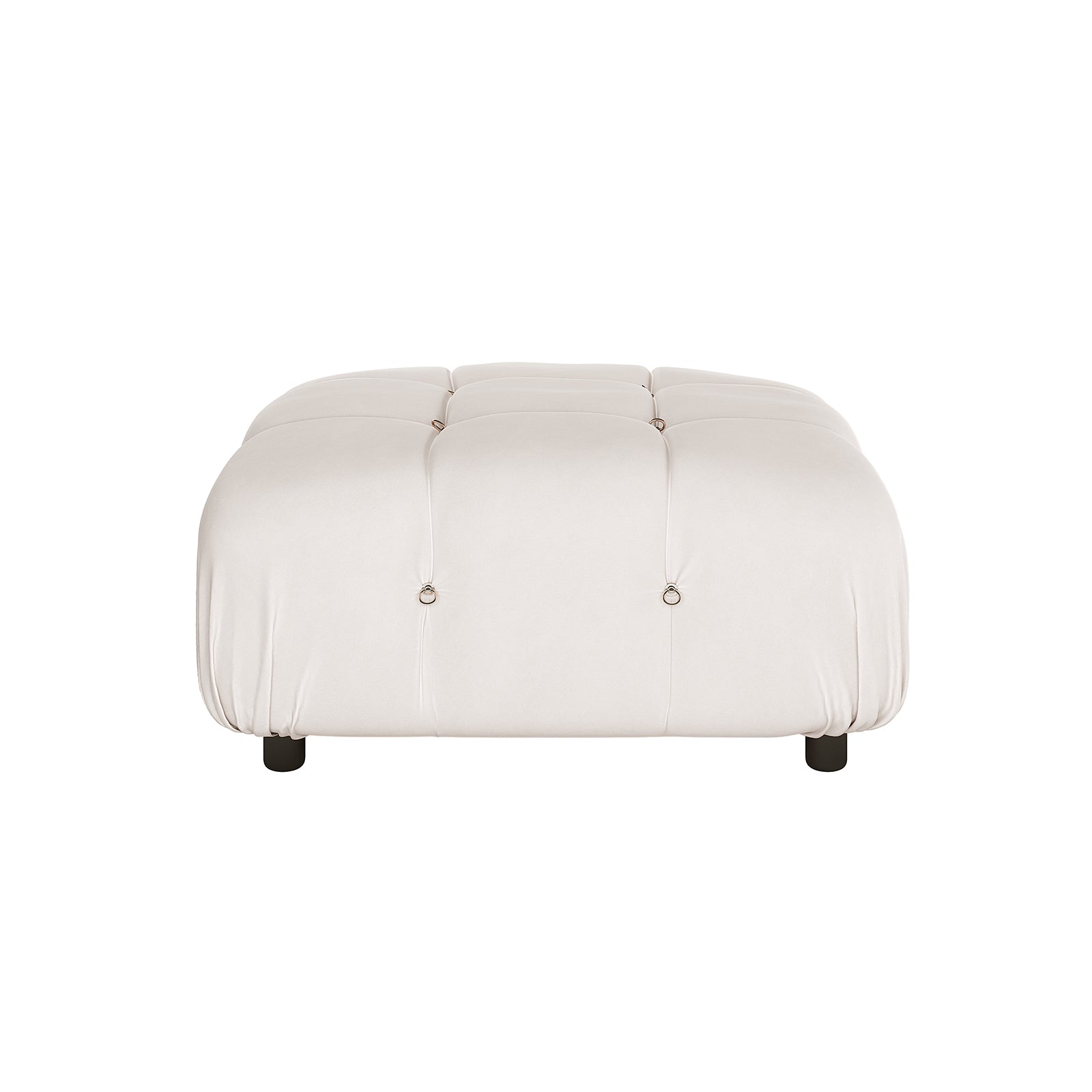 Keila Modular Tufted Velvet Ottoman in Soft Pink, showcasing a square shape with tufted grid pattern and small metal ring accents, resting on short round feet, highlighting its luxurious and modern design.