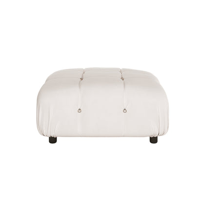 Keila Modular Tufted Velvet Ottoman in Soft Pink, showcasing a square shape with tufted grid pattern and small metal ring accents, resting on short round feet, highlighting its luxurious and modern design.