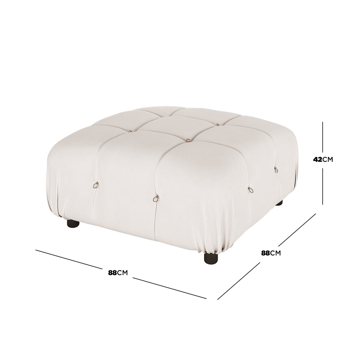 Keila Modular Tufted Velvet Ottoman in Soft Pink features a quilted, tufted top with metal rings, draped sides, and short black legs, measuring 88 cm square, 42 cm tall.