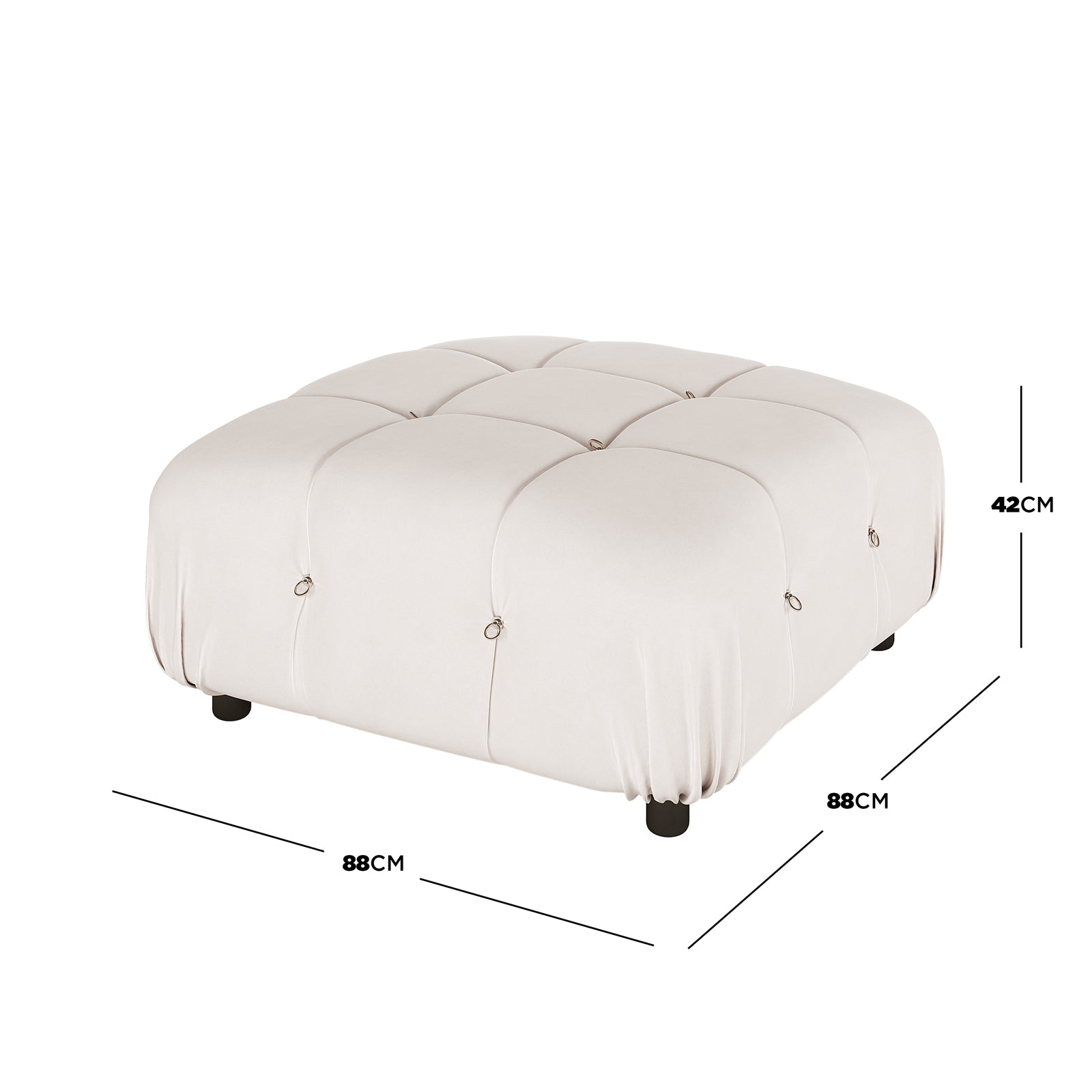 Keila Modular Tufted Velvet Ottoman in Soft Pink features a quilted, tufted top with metal rings, draped sides, and short black legs, measuring 88 cm square, 42 cm tall.