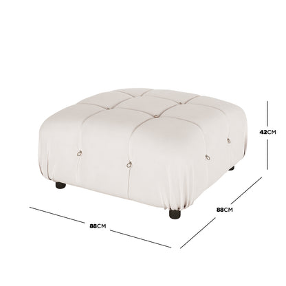 Keila Modular Tufted Velvet Ottoman in Soft Pink features a quilted, tufted top with metal rings, draped sides, and short black legs, measuring 88 cm square, 42 cm tall.