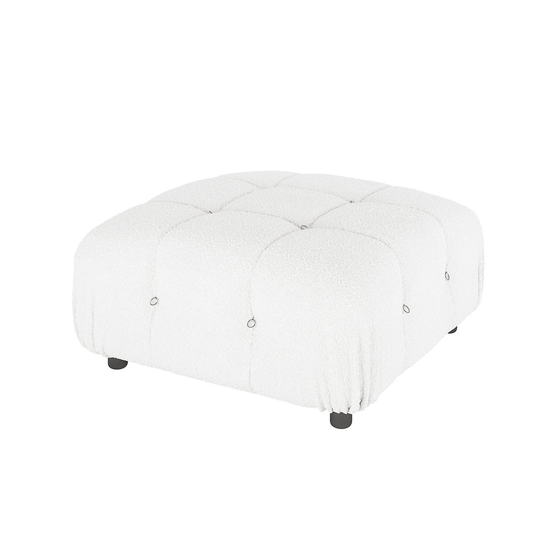 Keila Modular Tufted Boucle Ottoman in Cream White, featuring a square design with tufted grid pattern, metal ring accents, and low round feet, showcasing a contemporary and luxurious style.
