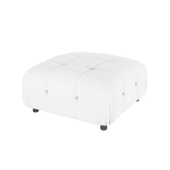 Keila Modular Tufted Boucle Ottoman in Cream White, featuring a square design with tufted grid pattern, metal ring accents, and low round feet, showcasing a contemporary and luxurious style.