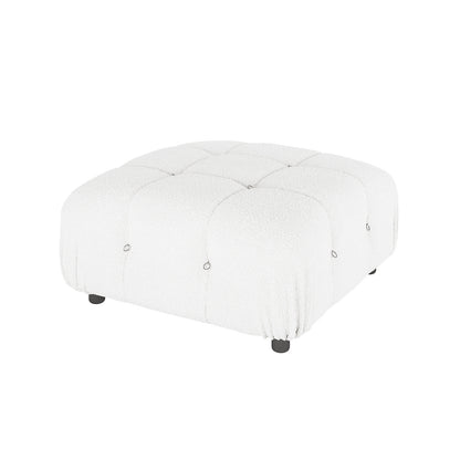 Keila Modular Tufted Boucle Ottoman in Cream White, featuring a square design with tufted grid pattern, metal ring accents, and low round feet, showcasing a contemporary and luxurious style.