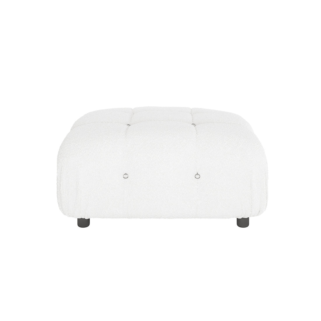 Keila Modular Tufted Boucle Ottoman in Cream White features a square design with lightly tufted top and metal ring buttons, resting on four short black legs.