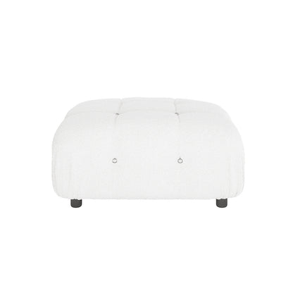 Keila Modular Tufted Boucle Ottoman in Cream White features a square design with lightly tufted top and metal ring buttons, resting on four short black legs.