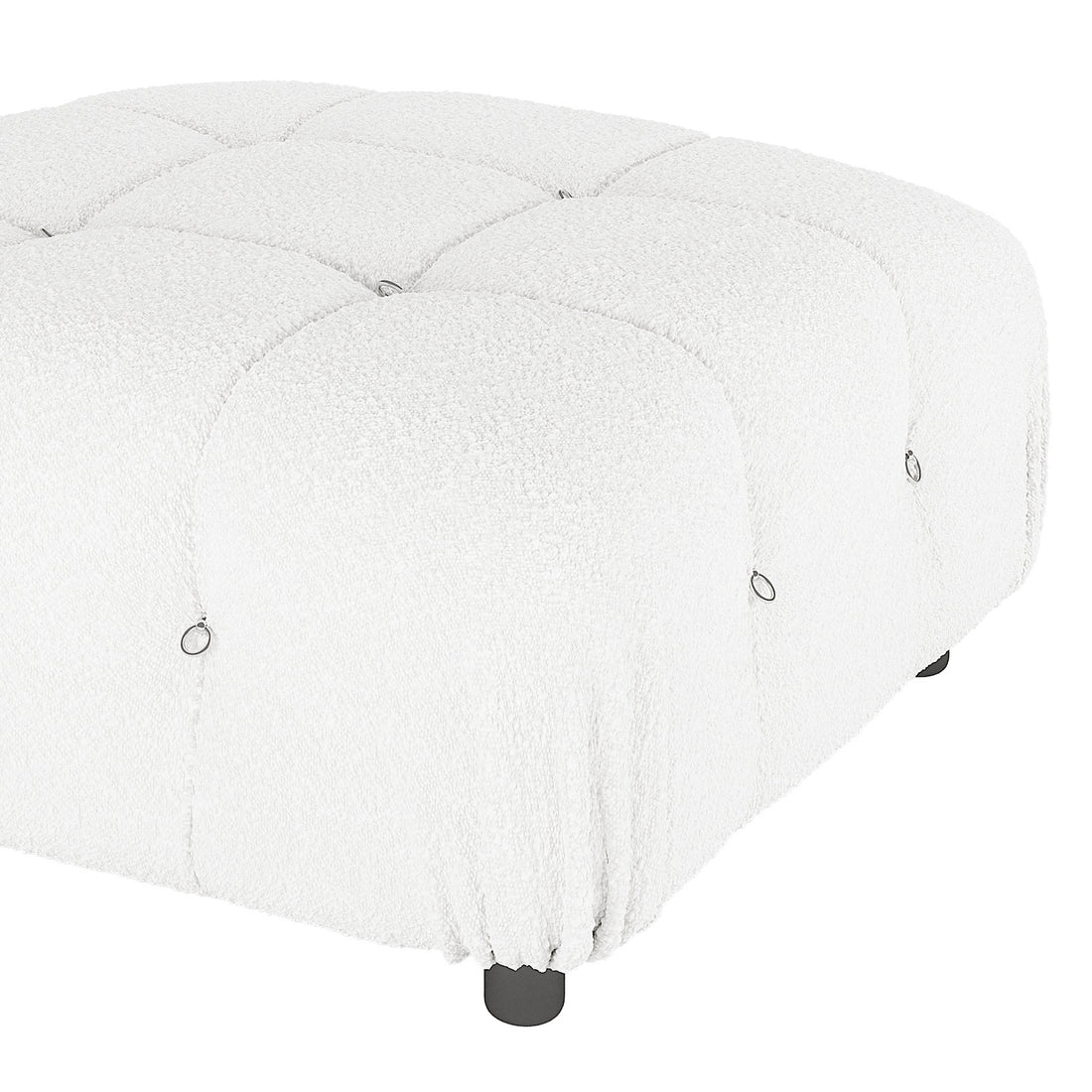 Keila Modular Tufted Boucle Ottoman in Cream White, square with tufted grid pattern, small metal ring pulls at tuft points, and short legs visible underneath, showcasing modern design and luxury.
