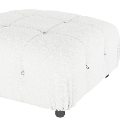 Keila Modular Tufted Boucle Ottoman in Cream White, square with tufted grid pattern, small metal ring pulls at tuft points, and short legs visible underneath, showcasing modern design and luxury.
