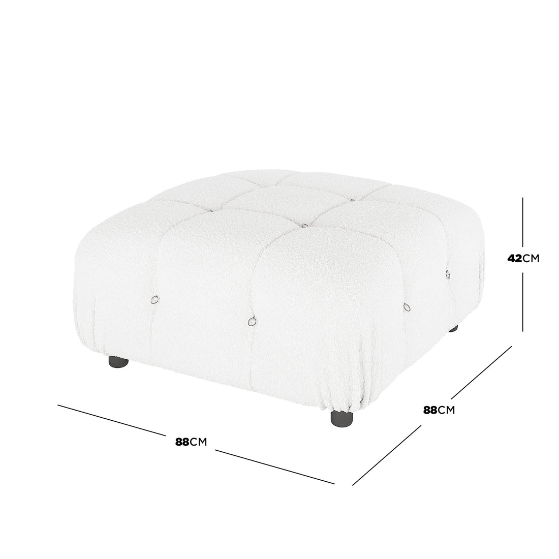 Keila Modular Tufted Boucle Ottoman in Cream White, features a square, low-profile design with a 3×3 tufted grid and black feet, measuring 88 cm wide, 88 cm deep, and 42 cm high.