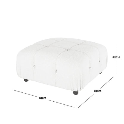 Keila Modular Tufted Boucle Ottoman in Cream White, features a square, low-profile design with a 3×3 tufted grid and black feet, measuring 88 cm wide, 88 cm deep, and 42 cm high.
