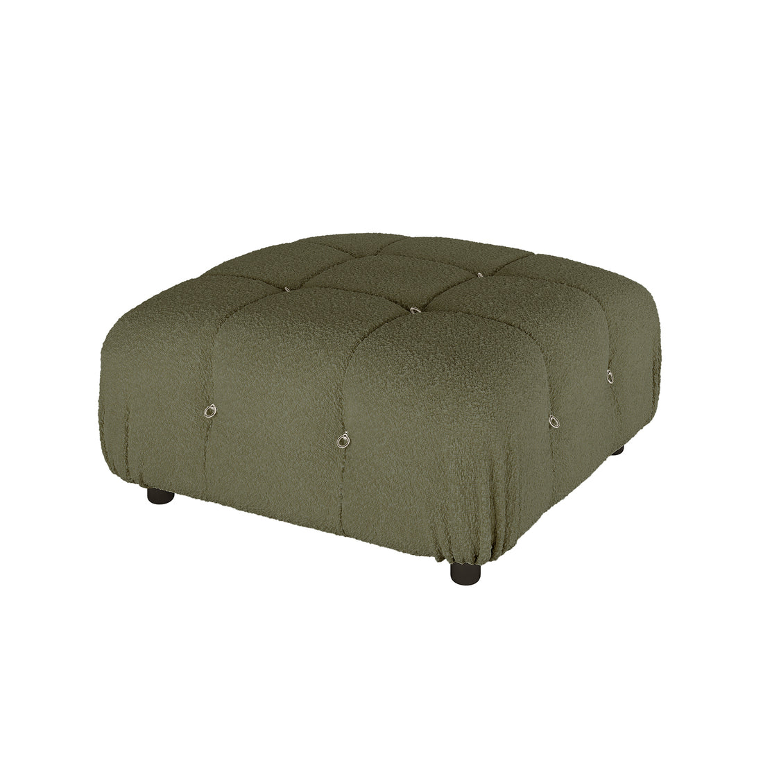 Keila Modular Tufted Boucle Ottoman in Green, showcasing a square design with tufted sections and metal ring accents, upholstered in boucle fabric, resting on short black feet for a modern touch.