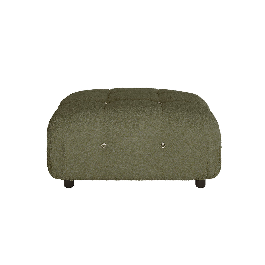 Keila Modular Tufted Boucle Ottoman in Green, featuring a textured olive-green fabric, tufted design with metal ring pulls, and four short black legs, ideal for versatile and stylish seating.
