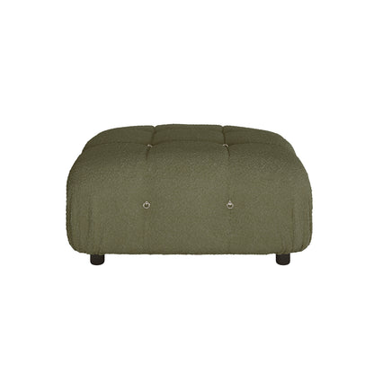 Keila Modular Tufted Boucle Ottoman in Green, featuring a textured olive-green fabric, tufted design with metal ring pulls, and four short black legs, ideal for versatile and stylish seating.