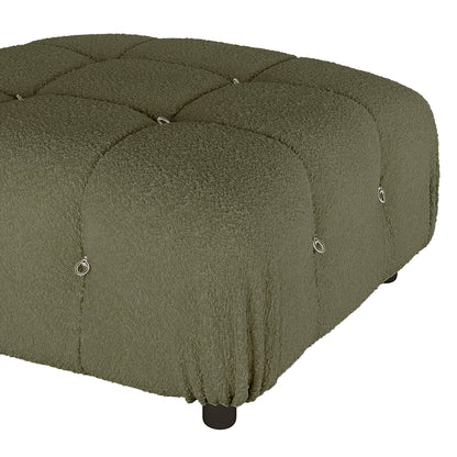 Keila Modular Tufted Boucle Ottoman in Green, featuring olive-green boucle fabric, deep tufting with metal ring pulls, and short round feet, showcasing a modern, versatile design for contemporary living spaces.