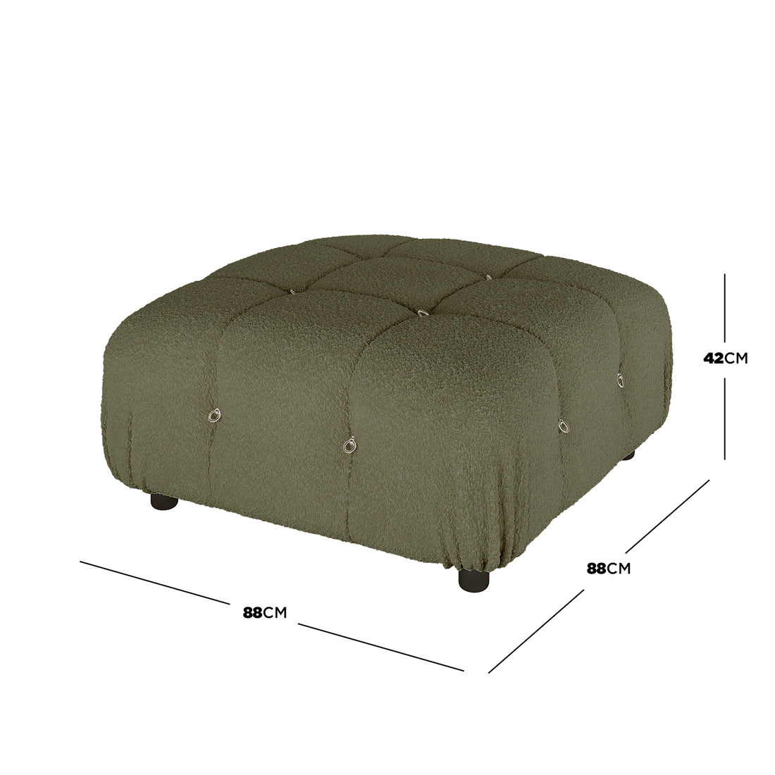 Keila Modular Tufted Boucle Ottoman in Green, featuring a square design, olive-green textured fabric, tufted top with metal ring buttons, and four small rounded legs, measuring 88x88x42 cm.