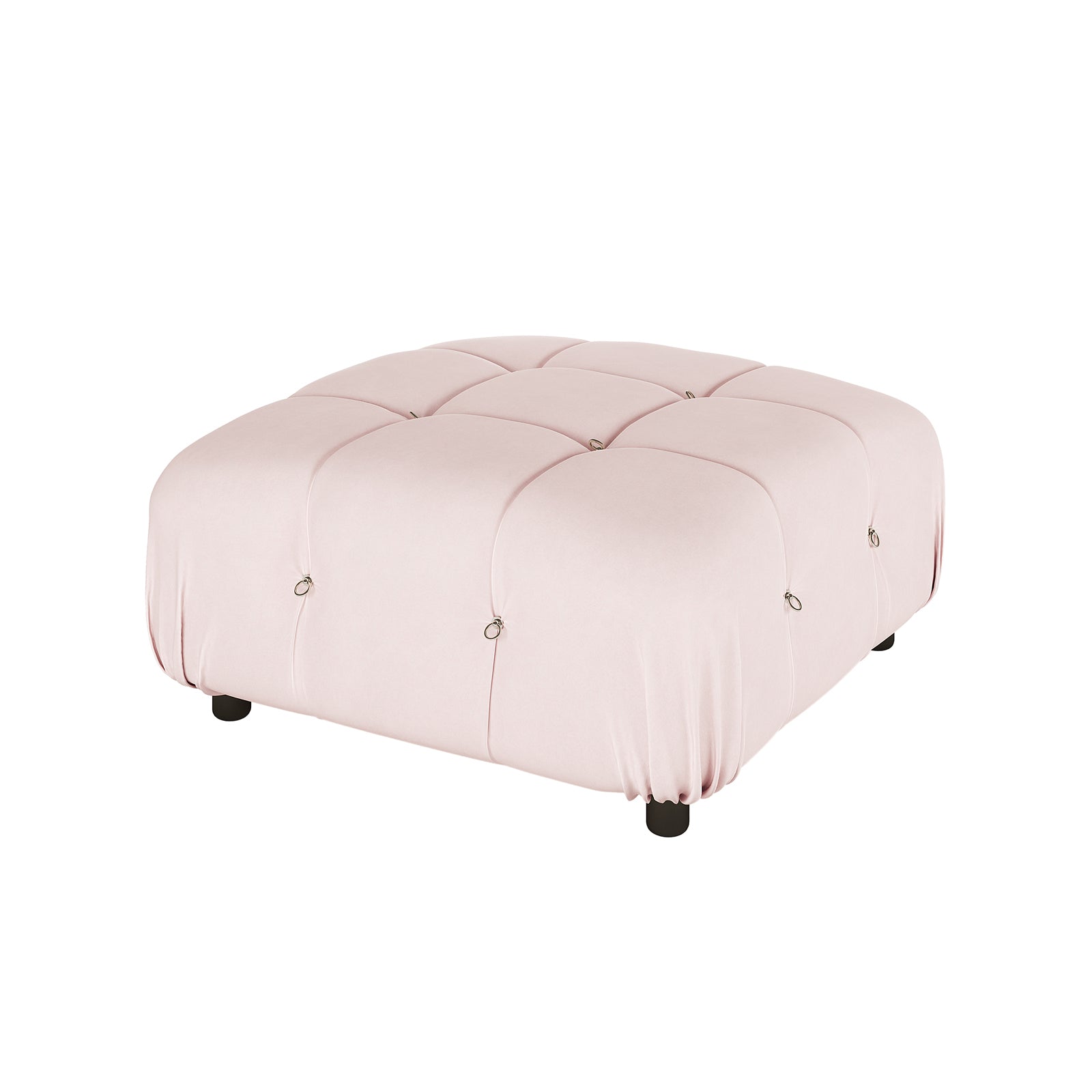 Keila Modular Tufted Velvet Ottoman features a blush-pink square design with a tufted cushion top and small metal rings, supported by four short black legs, offering modern sophistication and versatility.