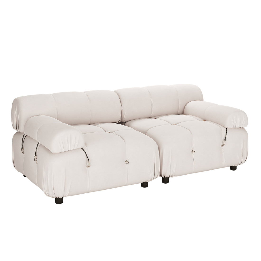 Keila 2 Seater Modular Tufted Sofa Set in Cream Velvet features deep, tufted cushions, rounded arms, and visible tie straps on short black legs, offering a modern, luxurious look.