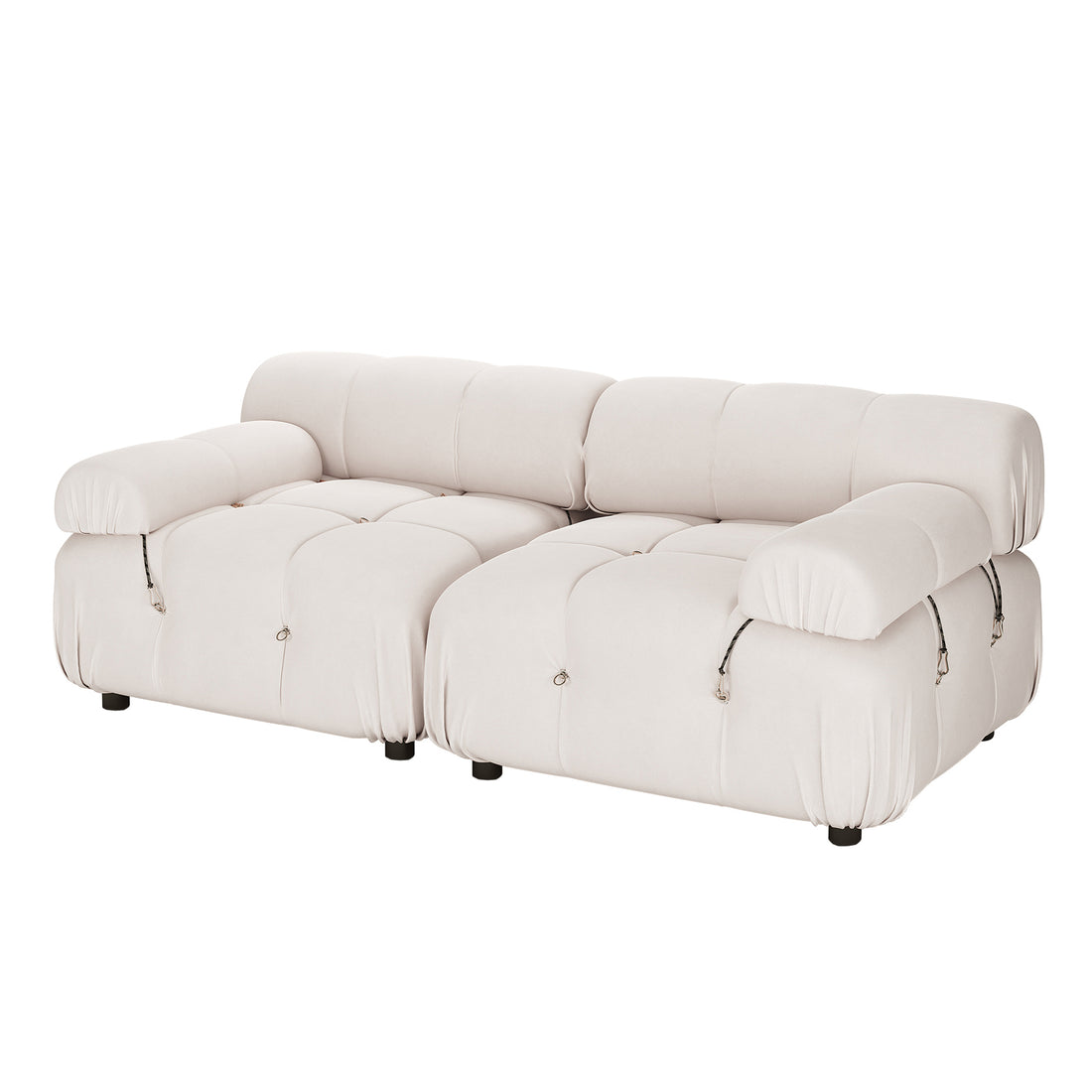 Keila 2 Seater Modular Tufted Sofa Set in Cream Velvet features plump, tufted cushions on seat, back, and arms with black cylindrical feet, designed for comfort and modern aesthetics.