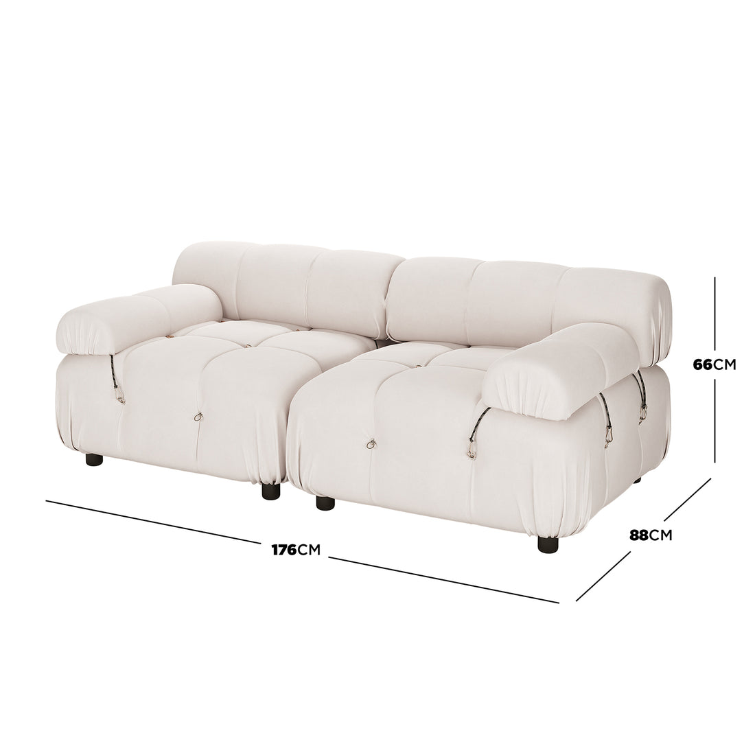 Keila 2 Seater Modular Tufted Sofa Set in Cream Velvet features tufted cushions, rounded armrests, and sleek black feet, offering a stylish and comfortable addition to any modern living space.