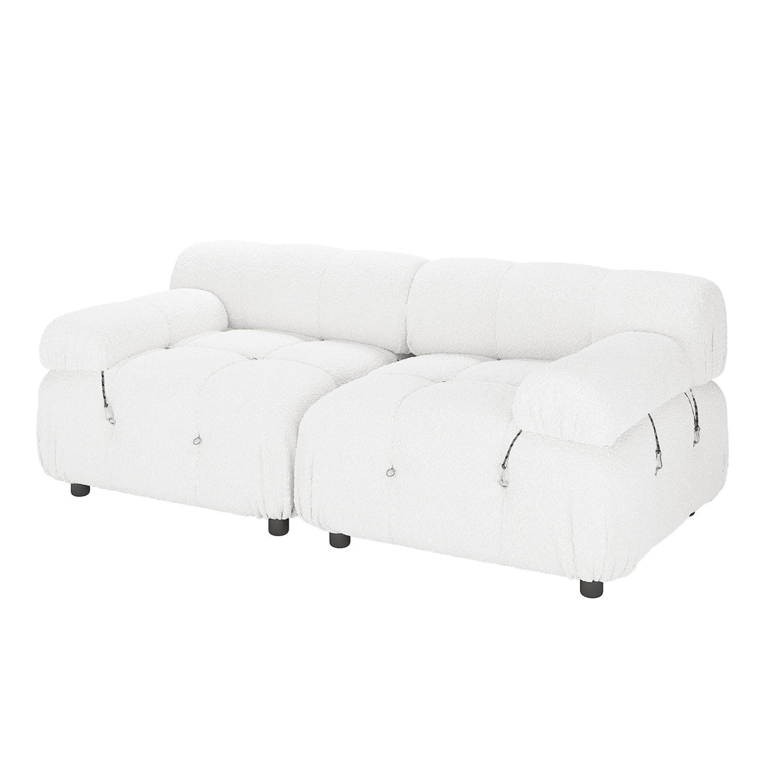 Keila 2 Seater Modular Tufted Boucle Sofa Set in Cream White, featuring plush tufted cushions, low black legs, padded armrests, and a boucle-style fabric, ideal for cozy living spaces.
