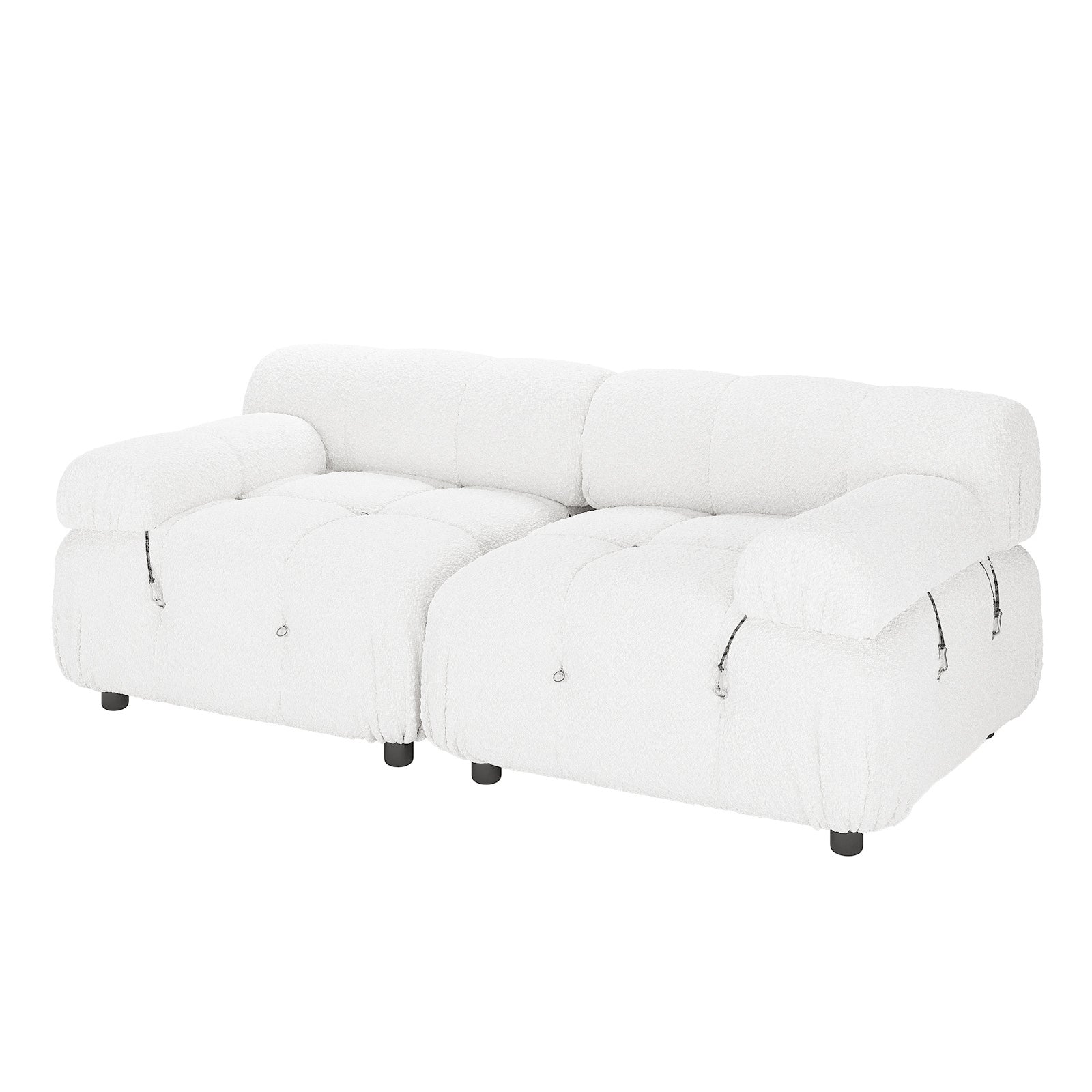 Keila 2 Seater Modular Tufted Boucle Sofa Set in Cream White, featuring plush tufted cushions, low black legs, padded armrests, and a boucle-style fabric, ideal for cozy living spaces.