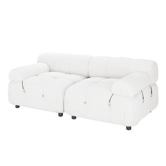 Keila 2 Seater Modular Tufted Boucle Sofa Set in Cream White, featuring plush tufted cushions, low black legs, padded armrests, and a boucle-style fabric, ideal for cozy living spaces.