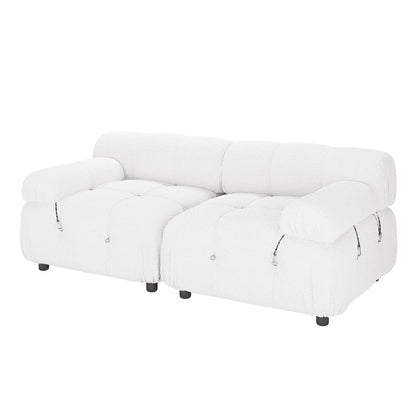 Keila 2 Seater Modular Tufted Boucle Sofa Set in Cream White, featuring plush tufted cushions, low black legs, padded armrests, and a boucle-style fabric, ideal for cozy living spaces.