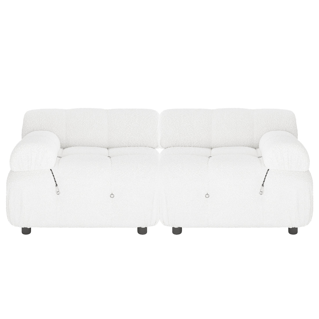 Keila 2 Seater Modular Tufted Boucle Sofa Set in Cream White features two identical modular sections with deep tufted cushions, rounded armrests, and short black cylindrical legs, perfect for modern spaces.