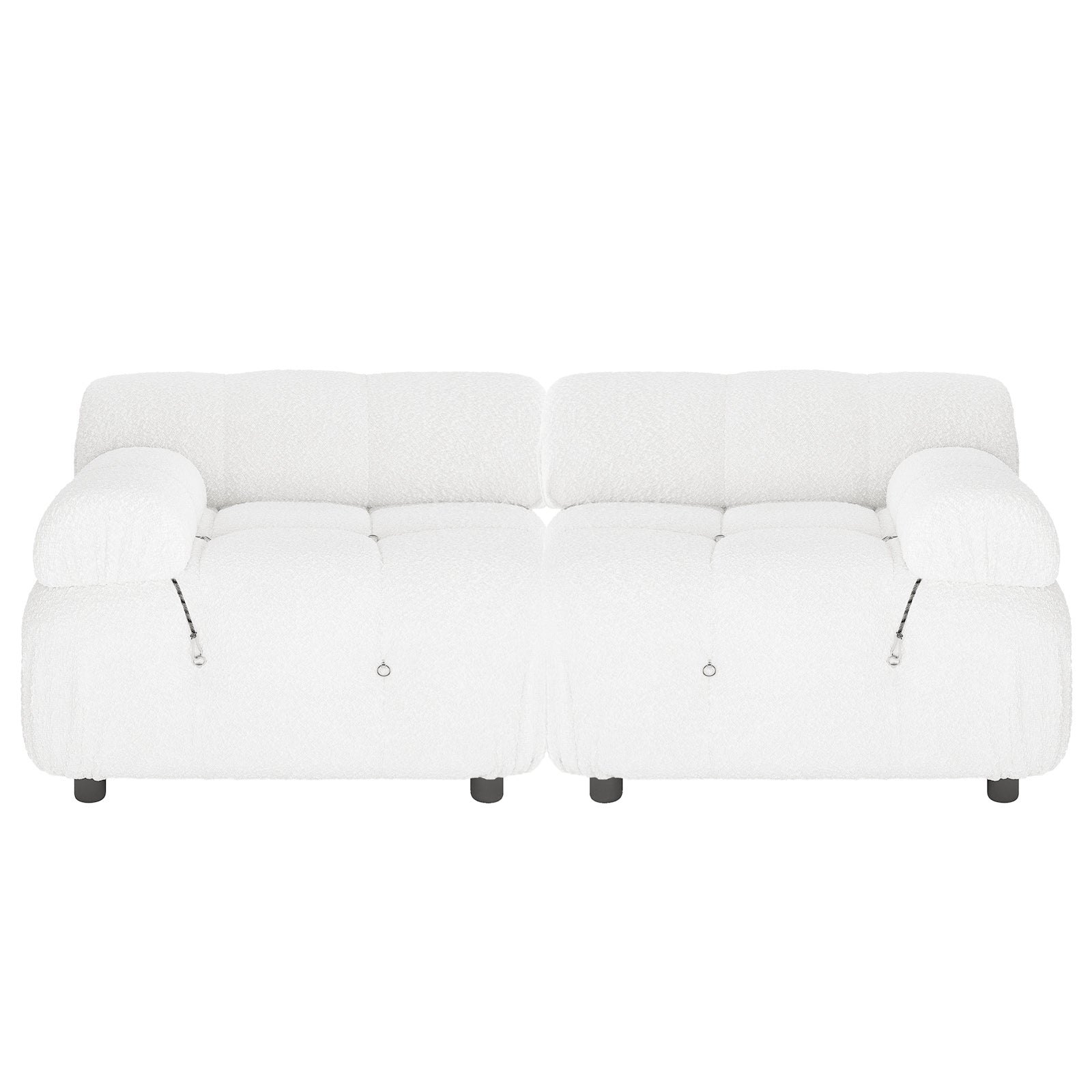 Keila 2 Seater Modular Tufted Boucle Sofa Set in Cream White features two identical modular sections with deep tufted cushions, rounded armrests, and short black cylindrical legs, perfect for modern spaces.