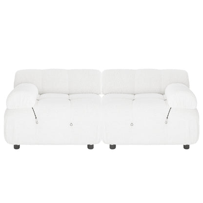 Keila 2 Seater Modular Tufted Boucle Sofa Set in Cream White features two identical modular sections with deep tufted cushions, rounded armrests, and short black cylindrical legs, perfect for modern spaces.