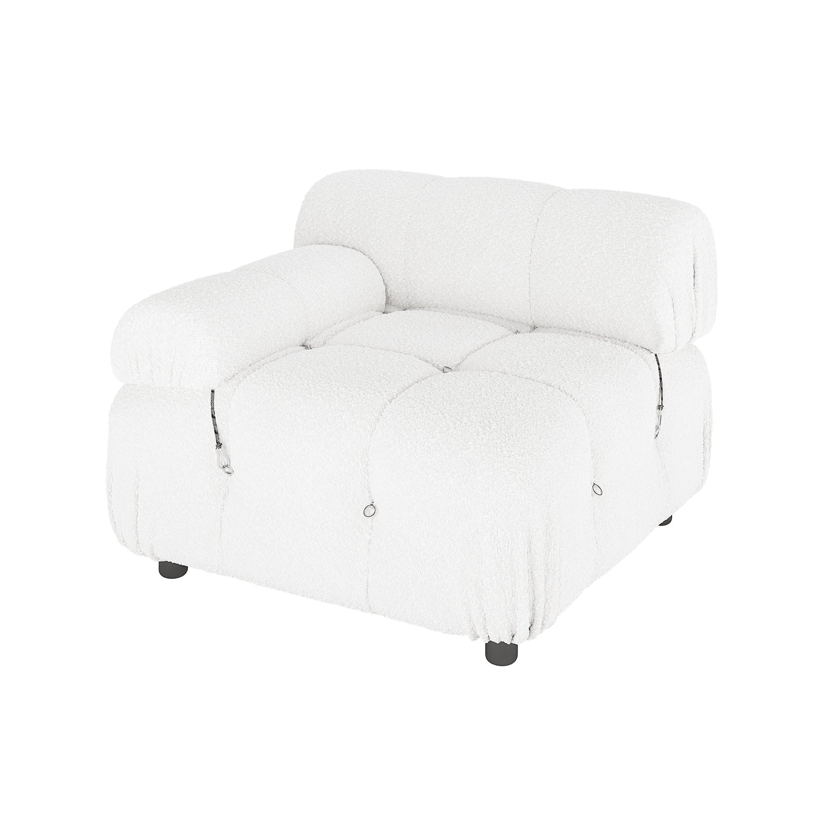 Keila 2 Seater Modular Tufted Boucle Sofa Set in Cream White features a plush, tufted cushion, low tubular backrest, one rounded armrest, and small black feet, embodying modern, chunky style.