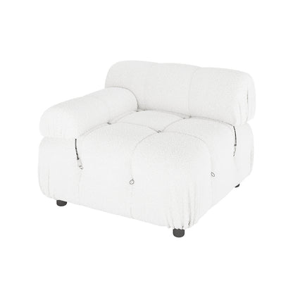 Keila 2 Seater Modular Tufted Boucle Sofa Set in Cream White features a plush, tufted cushion, low tubular backrest, one rounded armrest, and small black feet, embodying modern, chunky style.