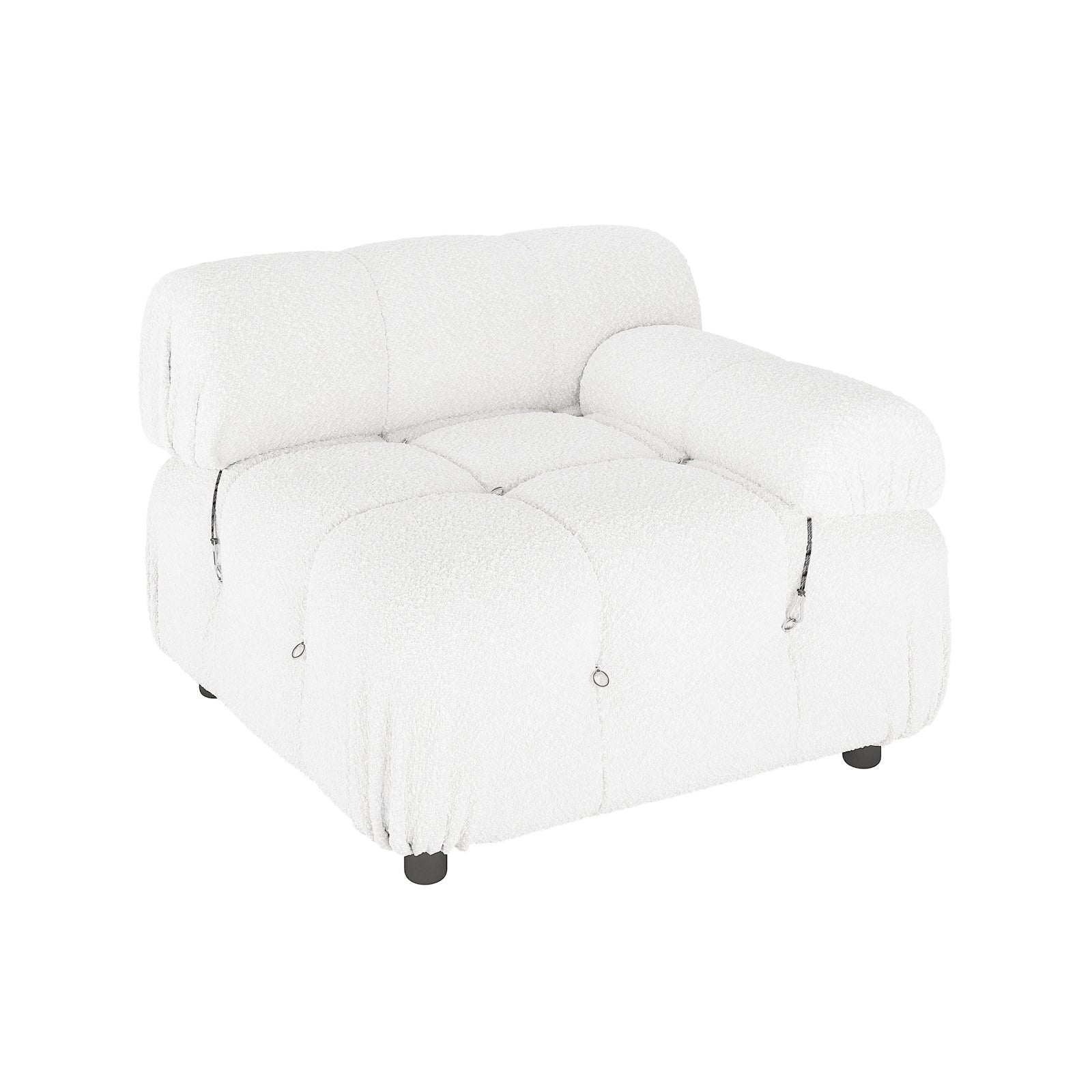 Keila 2 Seater Modular Tufted Boucle Sofa Set in Cream White, featuring deep quilted cushioning, one visible armrest, black cylindrical feet, and metal loops, embodying modern, modular design.