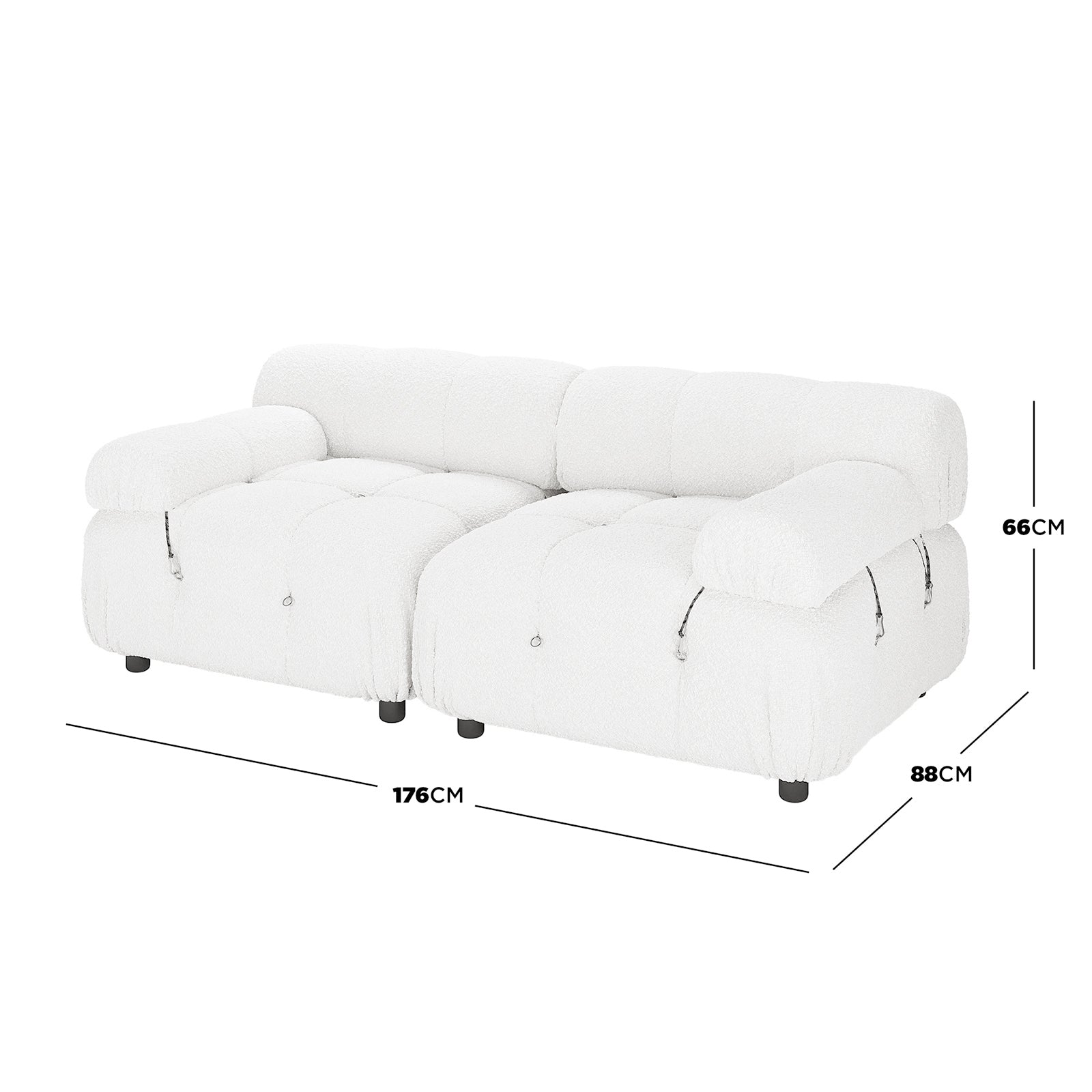 Keila 2 Seater Modular Tufted Boucle Sofa Set features a low-profile design with deep, tufted cushions and rounded armrests, measuring 176cm wide, 88cm deep, and 66cm tall.