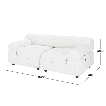 Keila 2 Seater Modular Tufted Boucle Sofa Set features a low-profile design with deep, tufted cushions and rounded armrests, measuring 176cm wide, 88cm deep, and 66cm tall.