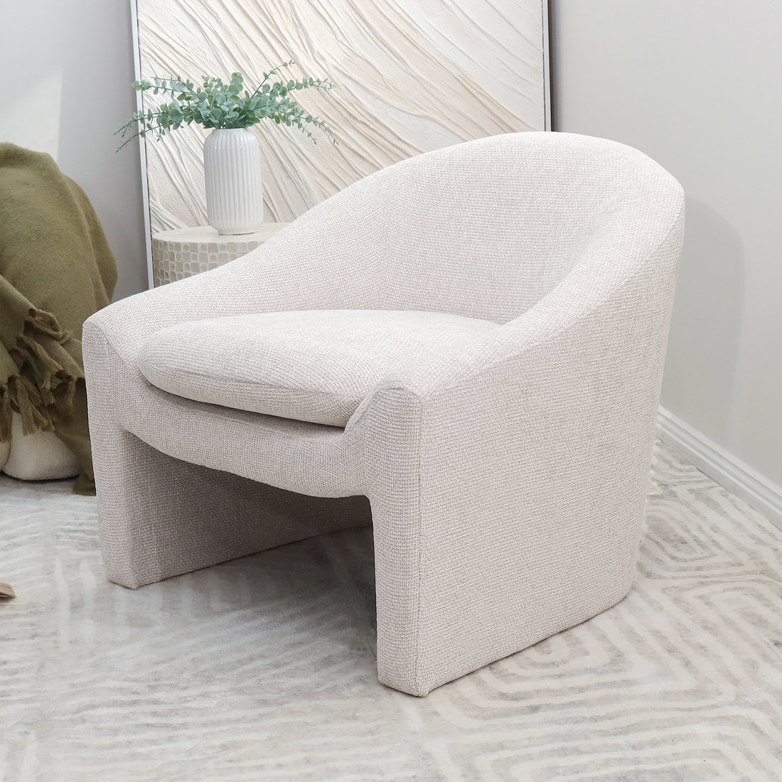 Kotrina Linen Chenille Accent Armchair Beige with a gently curved silhouette, plush cushion, and armrests, showcasing its textured chenille fabric and modern design, perfect for stylish, comfortable interiors.