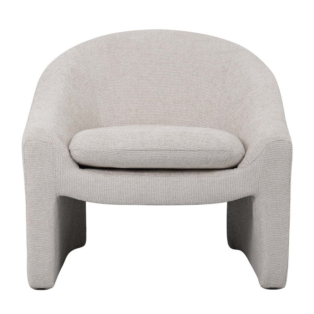 Close-up of Kotrina Linen Chenille Accent Armchair Beige, highlighting its curved design, textured chenille upholstery, and plush cushion, emphasizing its modern elegance and inviting comfort.