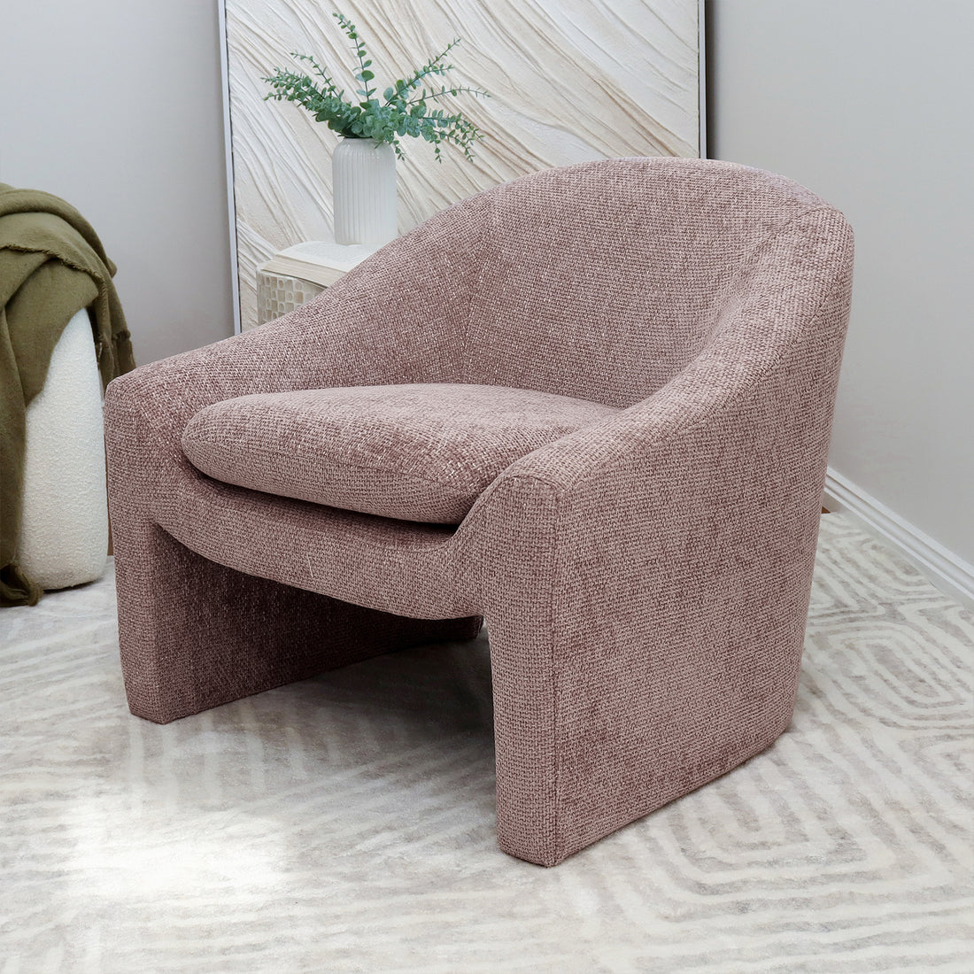 Kotrina Linen Chenille Accent Armchair Light Pink with a curved silhouette, deep seating, and plush 9cm cushion, showcasing its elegant design and textured chenille upholstery, perfect for indoor relaxation.