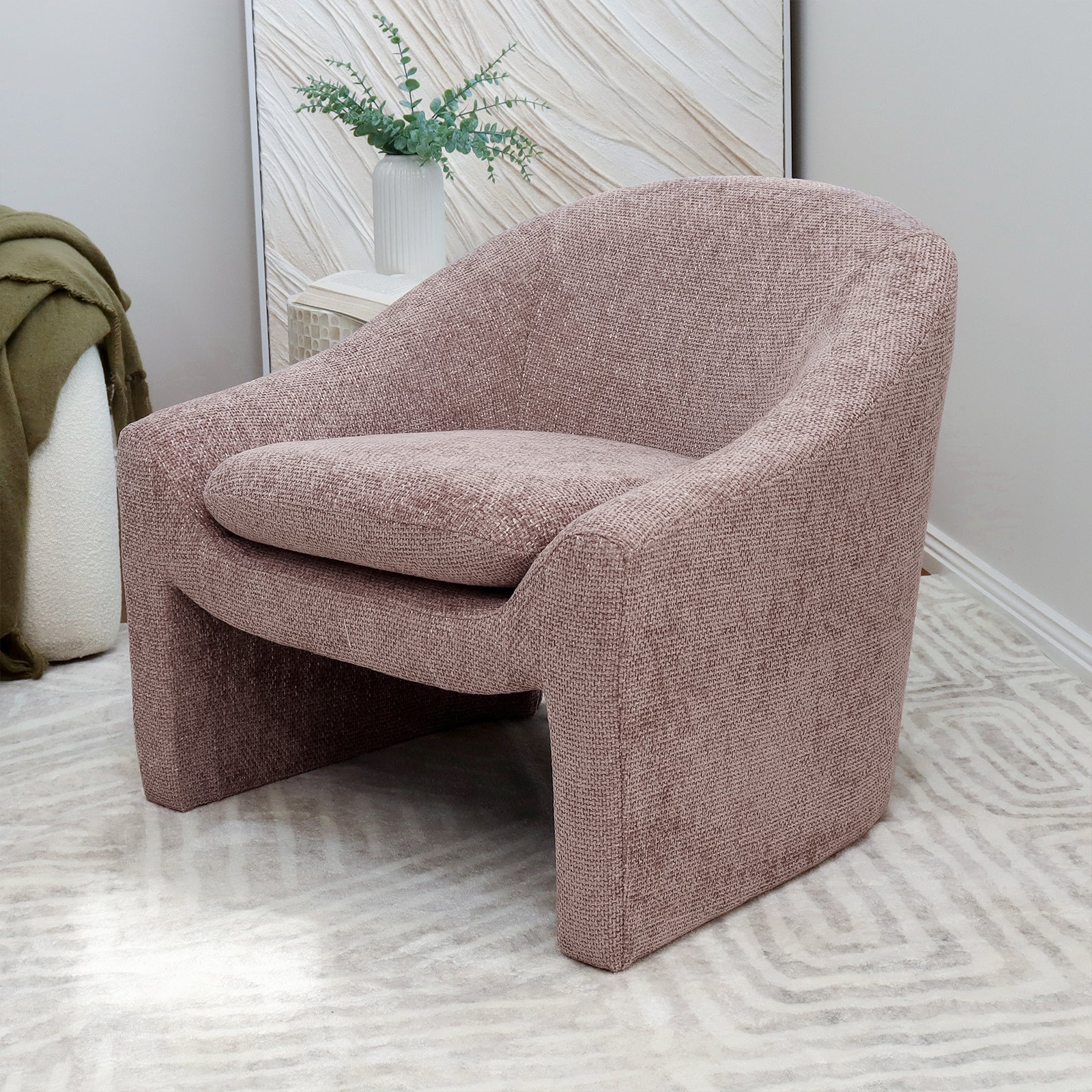Kotrina Linen Chenille Accent Armchair Light Pink with a curved silhouette, deep seating, and plush 9cm cushion, showcasing its elegant design and textured chenille upholstery, perfect for indoor relaxation.