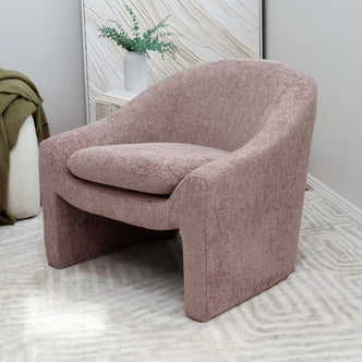 Kotrina Linen Chenille Accent Armchair Light Pink with a curved silhouette, deep seating, and plush 9cm cushion, showcasing its elegant design and textured chenille upholstery, perfect for indoor relaxation.
