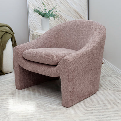 Kotrina Linen Chenille Accent Armchair Light Pink with a curved silhouette, deep seating, and plush 9cm cushion, showcasing its elegant design and textured chenille upholstery, perfect for indoor relaxation.