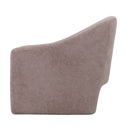 Close-up of the Kotrina Linen Chenille Accent Armchair in Light Pink, showcasing its elegantly curved design and plush 9cm cushion, highlighting the textured chenille fabric and modern silhouette.