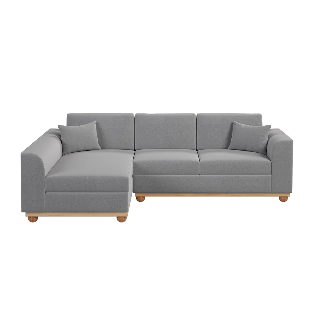 Laylah 3 Seater Fabric Hardwood Sofa with Left Chaise, showcasing its plush cushions, durable frame, and elegant wood accent legs, highlighting its blend of modern and farmhouse design.