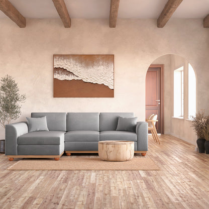 Laylah 3 Seater Fabric Hardwood Sofa with Left Chaise, showcasing its plush cushions, durable Eucalyptus wood frame, and stylish Rubber wood legs, perfect for modern interiors.