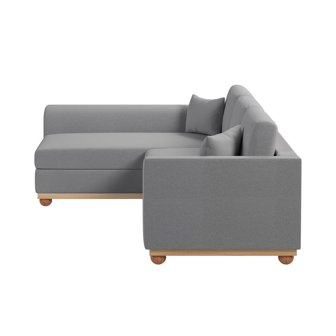 Laylah 3 Seater Fabric Hardwood Sofa with Left Chaise, showcasing its durable polyester linen upholstery and sturdy wood frame, emphasizing modern design and comfort elements.