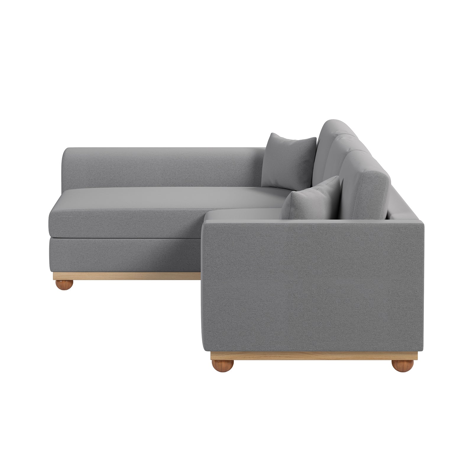 Laylah 3 Seater Fabric Hardwood Sofa with Left Chaise, showcasing its durable polyester linen upholstery and sturdy wood frame, emphasizing modern design and comfort elements.