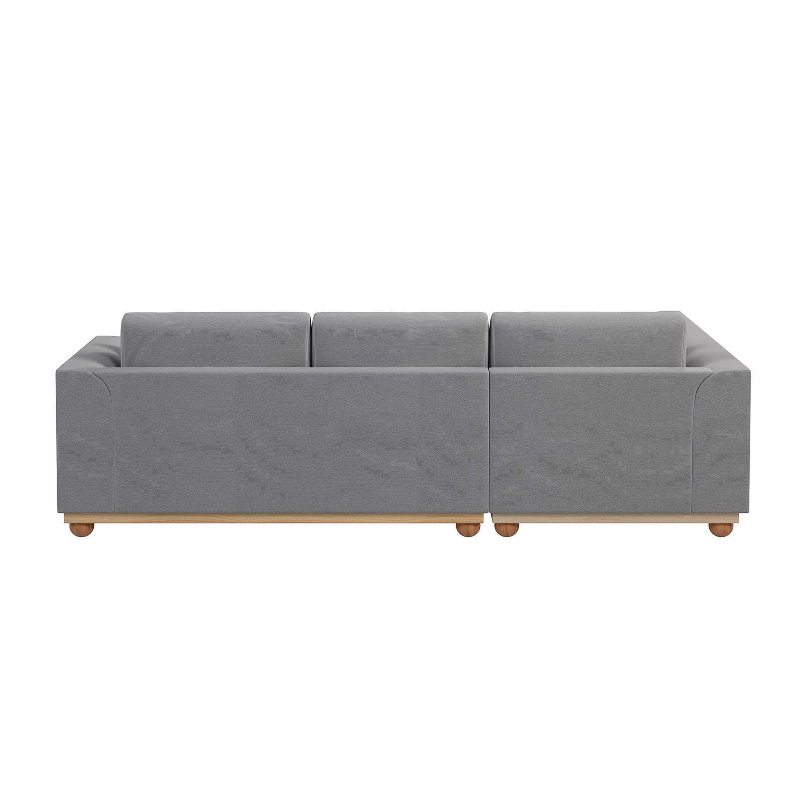Laylah 3 Seater Fabric Hardwood Sofa with Left Chaise features a grey fabric upholstery, wooden legs, and a spacious design, embodying modern comfort and style for versatile home decor.