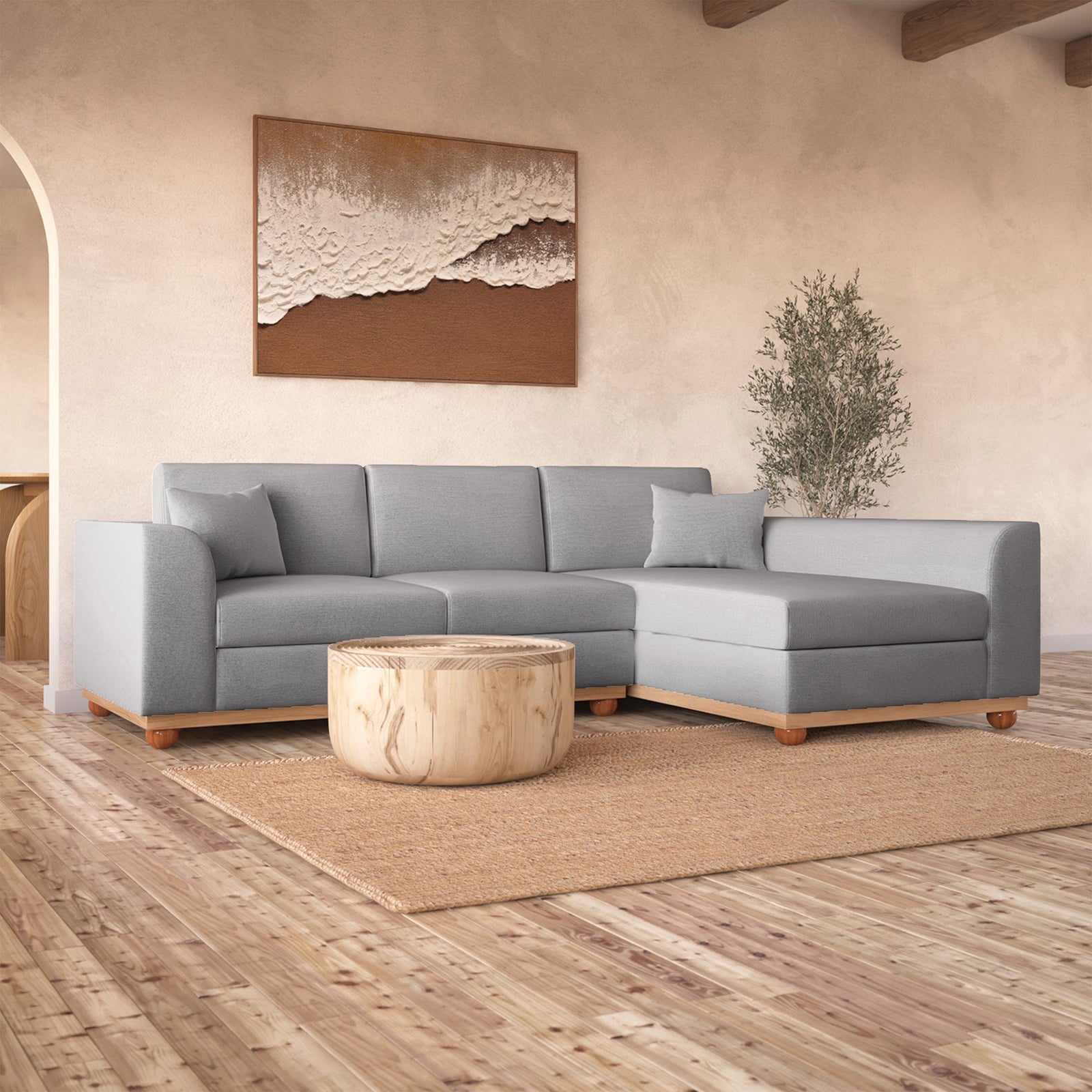 Laylah 3 Seater Hardwood Fabric Sofa with Right Chaise; features a sturdy frame, plush cushions, and elegant design. Ideal for stylish, comfortable lounging in contemporary living rooms.