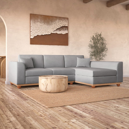 Laylah 3 Seater Hardwood Fabric Sofa with Right Chaise; features a sturdy frame, plush cushions, and elegant design. Ideal for stylish, comfortable lounging in contemporary living rooms.