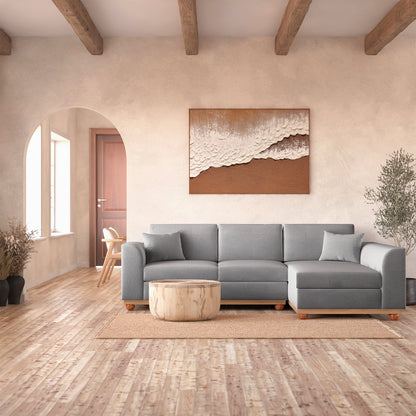 Laylah 3 Seater Hardwood Fabric Sofa With Right Chaise Ash, featuring a plush, upholstered polyester linen fabric with removable cushions and sturdy Rubber wood legs, ideal for modern interiors.